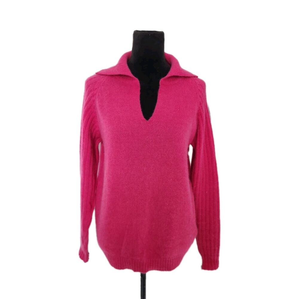 Lana's Suipacha Pink Knit Polo Sweater Fuzzy Angora Merino Blend Women's Size L
